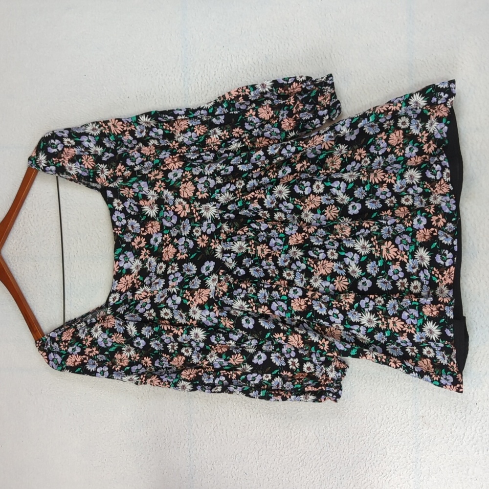 Forever 21 Purple & Pink Floral Square Neck Long Sleeve Mini Babydoll Dress‎ S